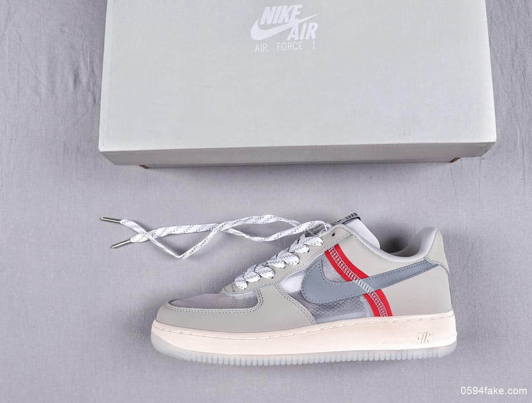 耐克Nike Air Force 1 Low '07蚕网薄纱灰红色公司级空军一号低帮休闲板鞋 货号：AN3355-061