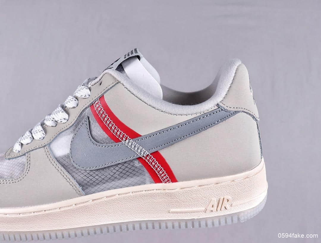 耐克Nike Air Force 1 Low '07蚕网薄纱灰红色公司级空军一号低帮休闲板鞋 货号：AN3355-061