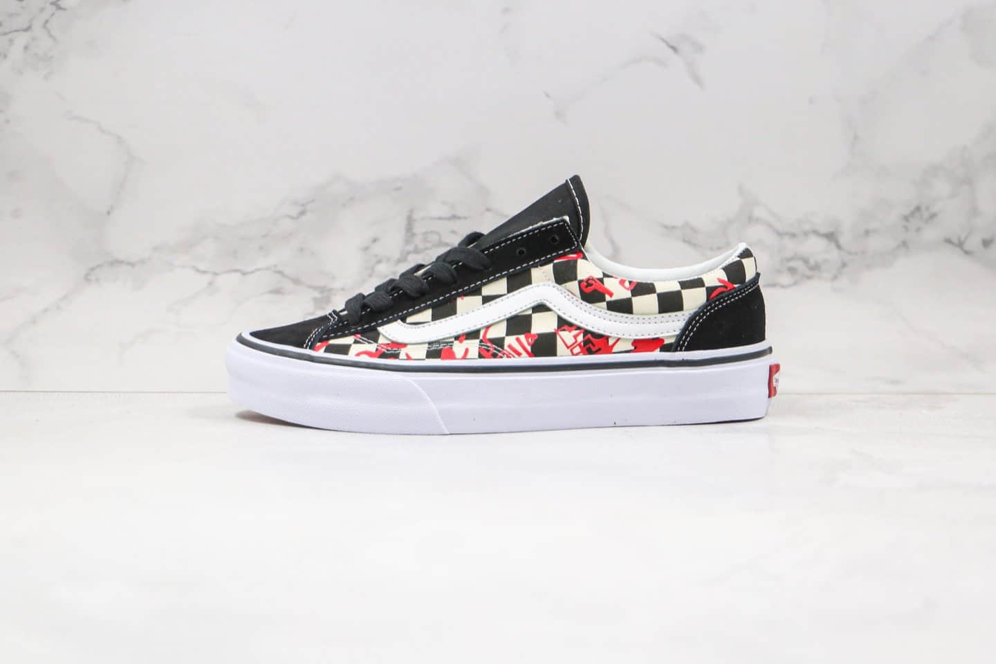 万斯vans style 36公司级版本棋盘格低帮休闲板鞋黑红涂鸦印花原鞋开