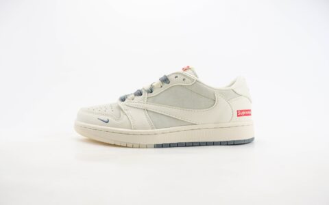 乔丹Supreme x Air Jordan 1 Low纯原版本低帮AJ1倒钩白灰Supreme联名篮球鞋 莆田AJ货源 货号：BB7518-001